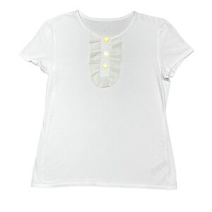 TORY‎ BURCH Women's Ruffle T Shirt White Coquette Old Money Gold Buttons Size M?